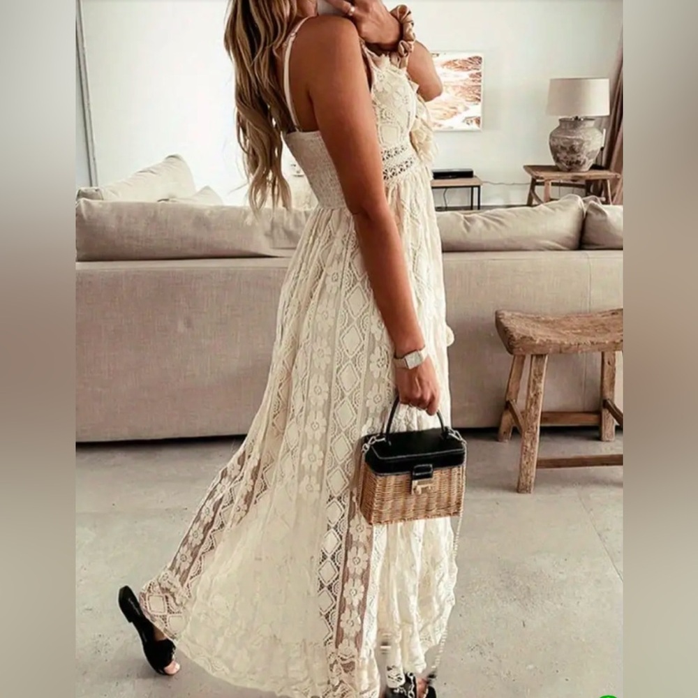 Women’s Boho Chic Floral V-Neck Maxi Sun Dress Lace Hem Beach Party Wedding​ - Picture 3 of 4